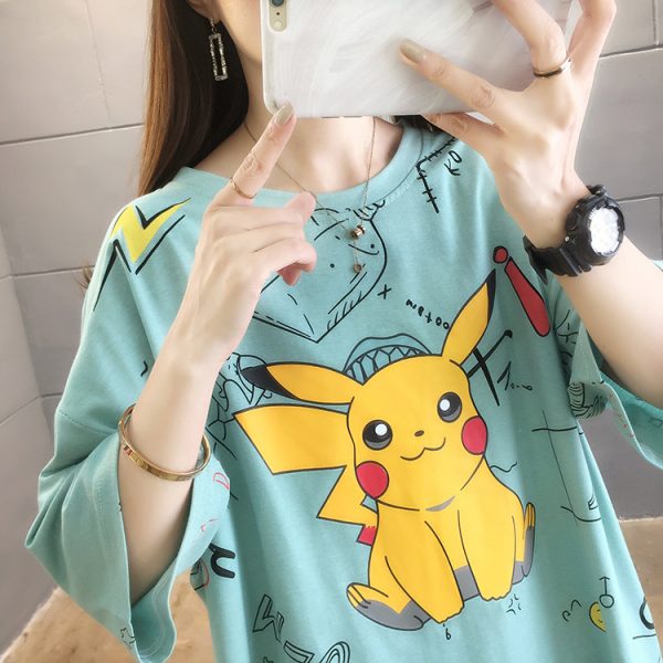 Pokemon Pikachu Girls Half Sleeve Large Loose Sea Green Shirts Collection alibaba buy online